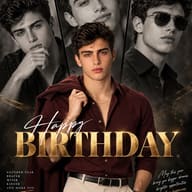 AI Photo Editing Prompt: Luxury boy birthday poster in a burgundy shirt with a 3-panel monochrome collage and gold text.