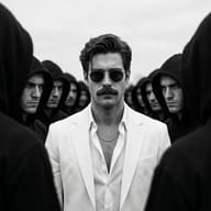 Stylish man with silver chain and mustache in white blazer standing among cloaked hooded men, black and white art