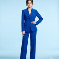 Woman in blue pantsuit studio portrait AI Photo Editing Prompt. AI generated fashion portrait of a confident young woman wearing a vibrant tailored blue suit against a light blue background.