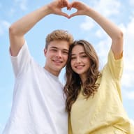 Romantic Couple Portrait AI Photo Editing Prompt. AI generated photograph of a joyful young couple making a hand heart against a bright blue sky.