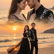 Romantic Couple Sunset Beach Double Exposure AI Photo Editing Prompt. AI generated double exposure art of an elegant couple in black outfits standing on a beach at sunset, with a close-up romantic portrait blended above them.
