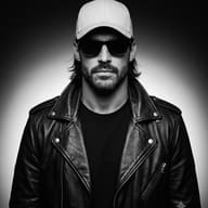 Man in Leather Jacket and Cap B&W Portrait AI Photo Editing Prompt. AI generated black and white studio portrait of a cool young man wearing a white baseball cap, dark sunglasses, and a black leather biker jacket.