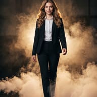 Confident Businesswoman in Black Suit Cinematic Portrait AI Photo Editing Prompt. AI generated cinematic portrait of a smiling young woman in a black formal suit walking forward through dramatic golden backlit smoke.
