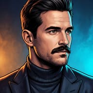Handsome Man Digital Art AI Photo Editing Prompt. AI generated digital illustration of a stylish handsome man with wavy hair wearing a black turtleneck and blazer against a smoky blue and orange background.