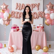 Woman with Cake at Birthday Party AI Photo Editing Prompt. AI generated studio portrait of a smiling woman in a black dress holding a birthday cake in front of pink and gold balloons.