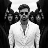 Bearded man in white blazer and sunglasses, AI-generated editorial photo of hooded crowd aesthetic