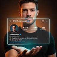 AI Photo Editing Prompt: Man with wavy hair presenting a 3D floating verified Instagram profile over his palm.