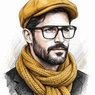 Pencil Sketch Man AI Photo Editing Prompt. AI generated Digital Colored Pencil Art Portrait of a man wearing glasses, a mustard-yellow flat cap, and a thick knitted yellow scarf.