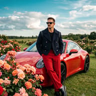 Stylish Man by Red Car AI Photo Editing Prompt. AI generated photography portrait of a mustached man in a navy jacket and red pants leaning on a red sports car in a rose garden.