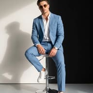 AI Photo Prompt: Editorial fashion image of a stylish man wearing a light blue suit and white sneakers posed on a bar stool.