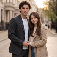 AI generated photorealistic portrait of a young man in a dark blazer and a woman in a beige trench coat holding hands on a sunlit street.
