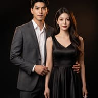 Formal couple studio portrait AI Photo Editing Prompt. AI generated portrait of a man in a grey suit and a woman in a black evening dress standing together in a dark studio.