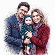 Colorful Scribble Family Portrait AI Photo Editing Prompt. AI generated digital illustration of a smiling husband and wife holding their baby girl in a vibrant ballpoint pen sketch style.