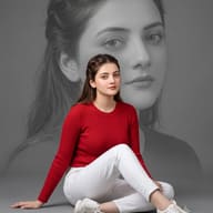 Double Exposure Studio Portrait AI Prompt. AI generated studio portrait of a young woman in a red ribbed sweater and white pants sitting, with a large silhouette of her own face in the background.