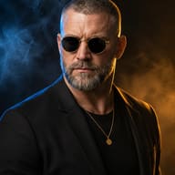 ChatGPT AI generated cinematic studio portrait of a bearded man wearing round gold sunglasses, a black blazer, and a necklace, looking left against a dark, smoky background with blue and orange lighting.