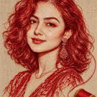 AI Prompt: 3D red string art and embroidery portrait of a smiling woman wearing traditional chandelier earrings on textured beige fabric with a thread coil.