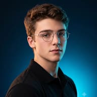 AI generated studio portrait of a young man wearing round glasses and a black polo shirt, illuminated by dramatic blue and warm lighting against a dark background.