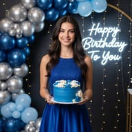 AI generated studio portrait of a smiling young woman in a blue dress holding a floral cake, standing in front of a blue and silver balloon arch and a neon Happy Birthday sign.
