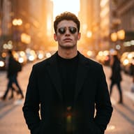 Gemini AI Photo Prompt: Urban fashion photo of a handsome man in a black coat and sunglasses backlit by a warm sunset on a blurred city street.