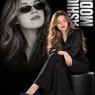 AI Image Prompt: High-end editorial AI art showing a woman in black with a massive double exposure portrait and vertical text.