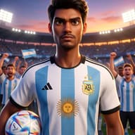 3D Animated Man in Argentina Jersey AI Photo Editing Prompt. AI generated 3D illustration of a bearded young man wearing an Argentina national team football jersey and holding a soccer ball in a cheering stadium.