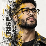 AI Photo Prompt: Artistic digital portrait of a man looking upward, styled with yellow paint splashes and text overlays dissolving into black ink particles