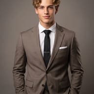 AI Image Prompt: High-end editorial studio photo of a clean-shaven young professional with wavy hair wearing a brown suit and a sleek black tie.