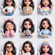 AI generated 3D character illustrations of a girl with a bindi displaying various expressions and outfits peeking through torn paper.