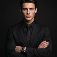 Man in Black Suit Portrait AI Photo Editing Prompt. AI generated studio portrait of a handsome man in an all-black suit with crossed arms against a solid dark background.