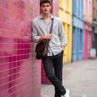 AI Generated photo of a stylish Man Leaning on Pink Brick Wall, Urban Street Fashion