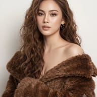 Gemini AI Prompt: High-fashion editorial portrait of a woman with voluminous wavy hair wearing a brown faux-fur coat slipped off her shoulders.