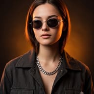 Backlit Sunglasses Portrait AI Photo Editing Prompt. AI generated studio portrait of a woman wearing oval sunglasses and a silver chain under warm orange rim lighting.