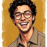 Gemini AI Generated High-quality digital caricature portrait of a laughing young man with curly hair and round glasses against a mustard-yellow background.