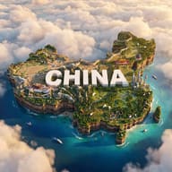China 3D Map and Iconic Landmarks AI Art Prompt. AI generated 3D map illustration of a floating island shaped like China's borders, featuring the Great Wall, pandas, and city landmarks surrounded by a sea of clouds and ocean.