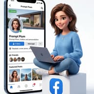 3D Girl with Laptop and Facebook Profile Prompt. AI generated 3D digital illustration of a girl in a blue sweater sitting with a laptop next to a giant smartphone displaying her social media profile.