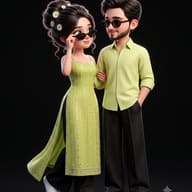 3D Cartoon Couple in Matching Green Outfits 3D Illustration AI Photo Editing Prompt. AI generated 3D illustration of a stylish animated man and woman wearing matching light green and black outfits with sunglasses standing together.   