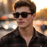 Cinematic Photography AI Prompt. AI generated urban portrait of a handsome young man with styled hair, wearing black sunglasses and a brown plaid shirt shirt during golden hour.