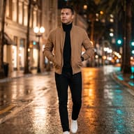 Cinematic Night Portrait AI Photo Editing Prompt. AI generated cinematic photograph of a stylish man in a tan jacket and black turtleneck walking on a wet, illuminated city street.