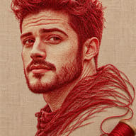 ChatGPT Prompt: Dramatic red thread art portrait of a bearded man with voluminous wavy hair and flowing thread strokes around his neck on beige linen with a wooden spool.