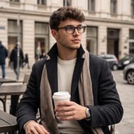 Gemini AI generated lifestyle portrait of a young man wearing glasses, a winter coat, and a scarf holding a coffee cup at an outdoor city cafe.