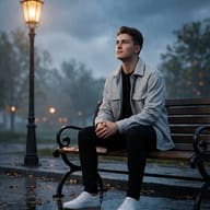 Cinematic Portrait on Park Bench AI Photo Editing Prompt. AI generated photorealistic photograph of a man in a grey shacket and white sneakers sitting on a wooden bench in a rainy park next to a glowing vintage lamp post.