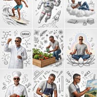 Hand-Sketched Hobby Portrait AI Photo Editing Prompt. AI generated digital illustration of a mature man shown surfing, meditating, cooking, and painting in a nine-grid doodle art format.