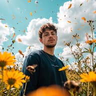 AI Prompt: Natural outdoor portrait of a young man wearing glasses and a blue sweater posing in a sunny flower field with flying seeds and bees.