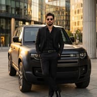Man in Black Suit with Matte Black SUV Urban Portrait AI Photo Editing Prompt. AI generated realistic portrait of a sharp man wearing sunglasses and a black suit leaning against a matte black SUV in a modern city setting during golden hour.