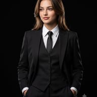 Beautiful Woman in Black Three-Piece Suit Portrait AI Photo Editing Prompt. AI generated professional portrait of a confident woman with short wavy hair wearing a suit and tie with hands in pockets against a black background.