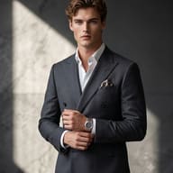 AI generated cinematic studio portrait of a man in a double-breasted charcoal suit adjusting his silver watch against a marble wall with dramatic lighting.