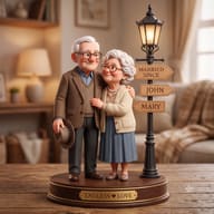 Nostalgic 3D Diorama AI Photo Editing Prompt. AI generated 3D miniature of a heartwarming elderly couple embracing by a lit vintage lamp.