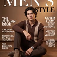 Magazine Cover Photo AI Prompt. AI generated studio portrait of a young man in brown knitwear and suede Chelsea boots sitting on a wooden floor.