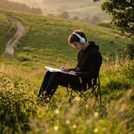 AI Image Prompt: Telephoto environmental portrait of a young man journaling in a green meadow at golden hour with a winding dirt trail in the background.
