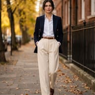 Woman in Navy Blazer on Autumn Street Portrait AI Photo Editing Prompt. AI generated street portrait photograph of a smiling woman in a navy blazer and cream trousers walking on a leaf-strewn city sidewalk with golden trees.